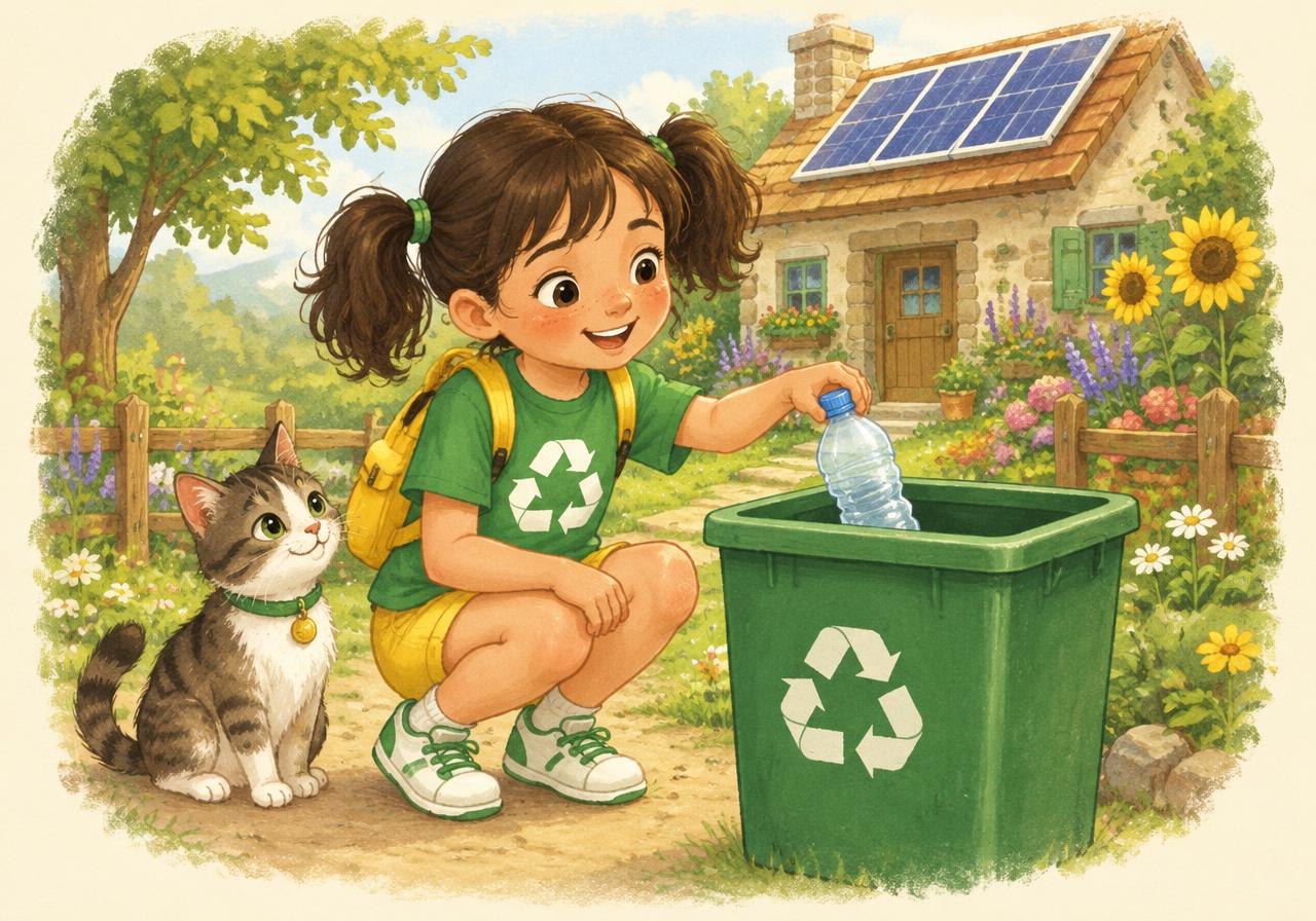Wanda recycling a plastic bottle in her garden