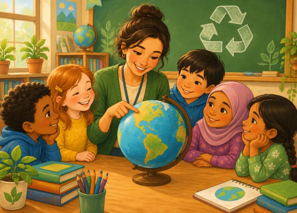 Teacher and kids around a globe
