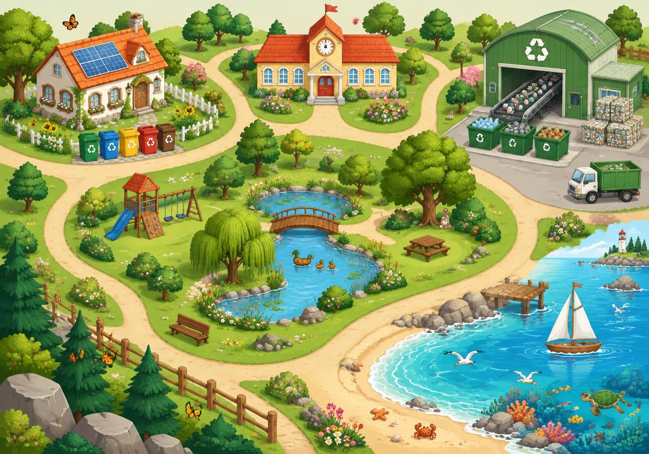 Wanda's little world with her home, school, recycling center, park and the ocean